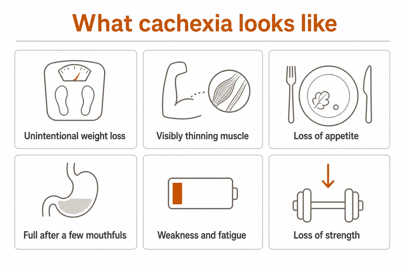 Cachexia symptoms in daily life: unintentional weight loss, visibly thinning muscle, appetite loss, early fullness and weakness